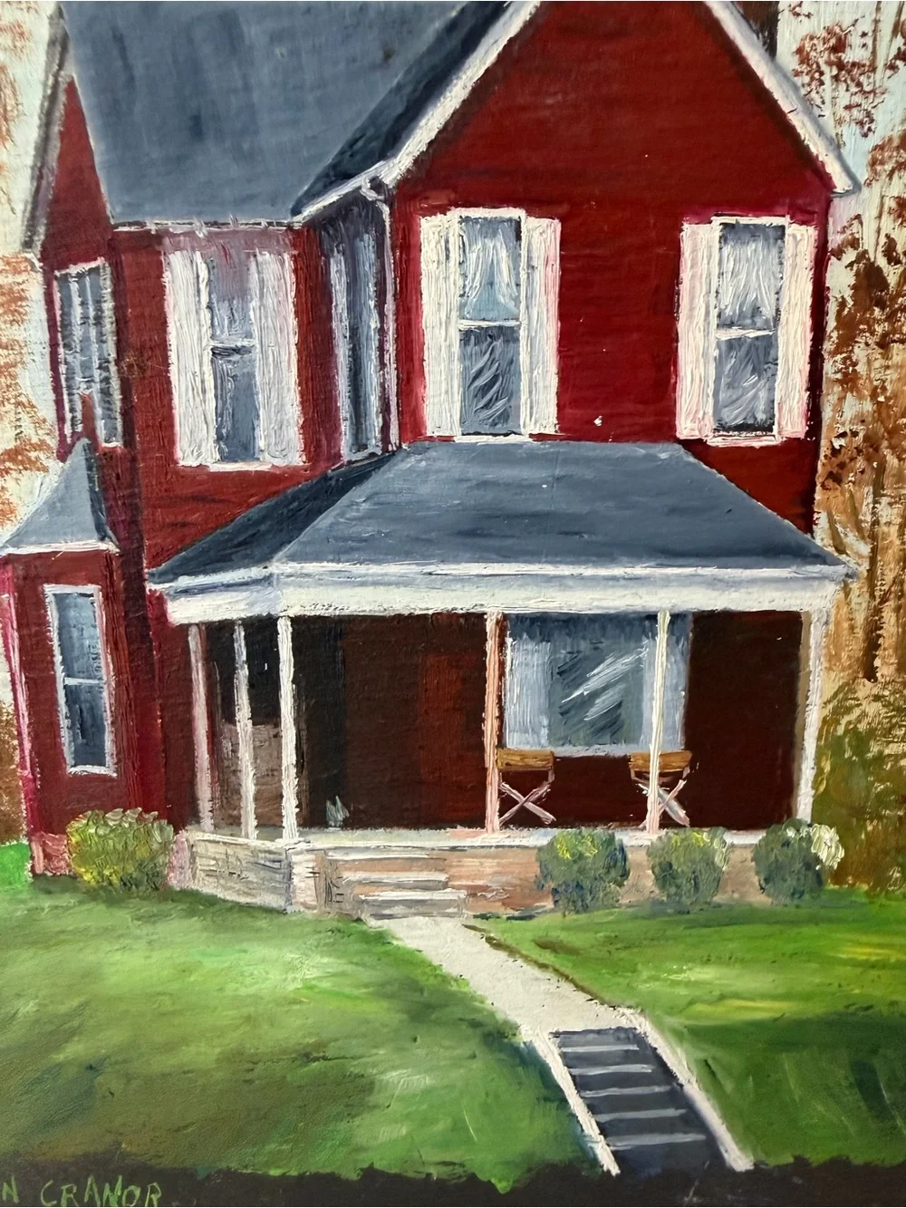 Vintage Ellen Cranor Hand Painted Slate Rustic Farmhouse House Signed